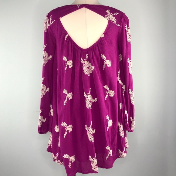 Free People Purple Emma Embroidered Floral Dress Size XS Tunic Swing Boho White - Picture 5 of 8